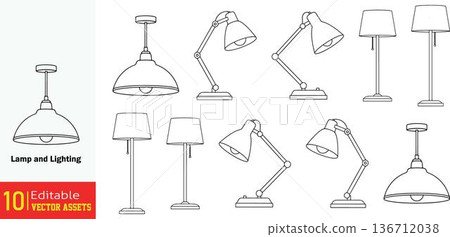 Collection of various lamp designs and lighting fixtures in simple line art style isolated on transparent background finishing with a modern look Collection of various lamp designs and lighting fixtures in simple line art style isolated on transparent background finishing with a modern look 136712038