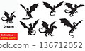 Dragon silhouettes in various flying and standing poses on transparent background 136712052