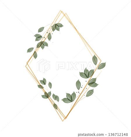 A delicate watercolor design showcases a geometric gold frame. Soft green leaves and tiny dark berries adorn the frame, creating an elegant botanical border. A delicate watercolor design showcases a geometric gold frame. Soft green leaves and tiny dark berries adorn the frame, creating an elegant botanical border. 136712148
