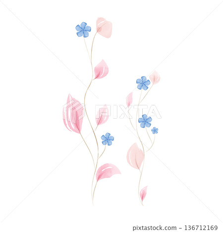 This watercolor features two elegant stems with translucent pink leaves and delicate blue flowers. This watercolor features two elegant stems with translucent pink leaves and delicate blue flowers. 136712169