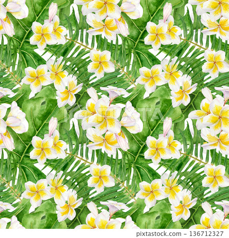 Seamless watercolor tropical pattern with white plumeria flowers with yellow centers, monstera and palm leaves. Botanical exotic repeat print for textile, wallpaper, packaging and summer fabric design 136712327