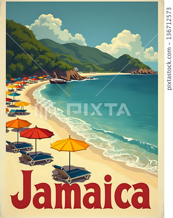 People enjoy a sunny day on the beach in Jamaica. Sun loungers with umbrellas line the shore. Clear water meets the sandy beach. Green hills rise in the background, creating a beautiful view. 136712573