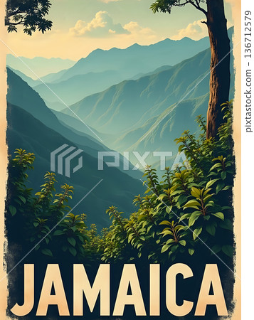 Tall green mountains in Jamaica. The hills have layer upon layer of trees. The sun creates a soft light over the hills. The sky is clear and calm. 136712579