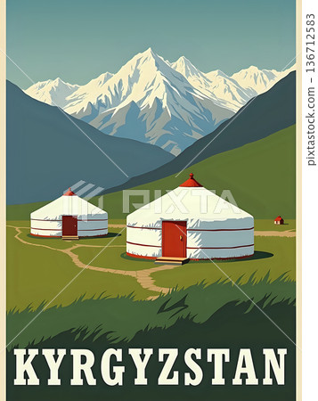 In Kyrgyzstan, two traditional yurts sit on green grass with a path leading through the landscape. Snow-capped mountains rise in the background under a clear blue sky. 136712583