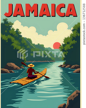 A person is on a bamboo raft, paddling along a river in Jamaica. The sun sets in the background, creating a colorful sky. Green trees surround the water, reflecting the evening light. 136712588