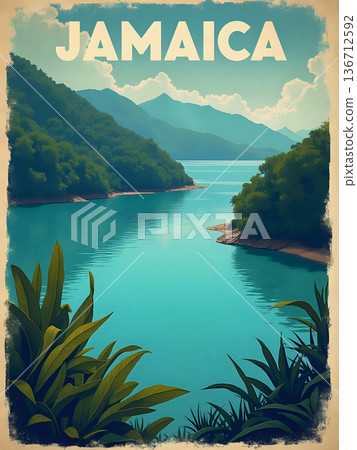 The scene shows a river flowing through mountains in Jamaica. Green plants line the riverbanks. The mountains rise in the background. The sky is clear, and the water reflects the landscape. 136712592