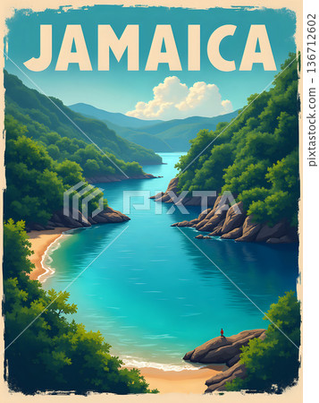 A person stands on a rock by the water in Jamaica. Lush green hills surround a calm blue bay. The sandy beach is small, and clouds are visible in the sky. It is a sunny day. 136712602