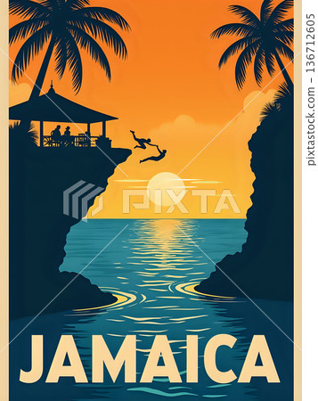Two people dive from a cliff into the ocean during sunset in Jamaica. A small building sits above the water. Palm trees frame the scene. The sun sets over the calm water. 136712605