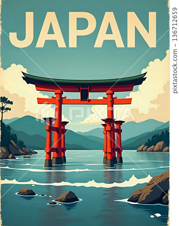 A red torii gate is located in the water with mountains and trees surrounding it. The sky is clear with a few clouds. This scene showcases a landmark in Japan. 136712659