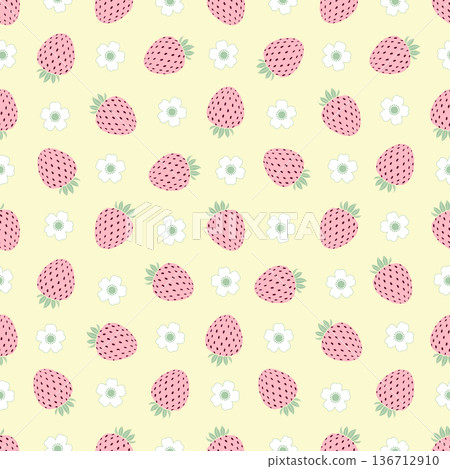 Seamless pattern with pink strawberries and white flowers on a yellow background. 136712910