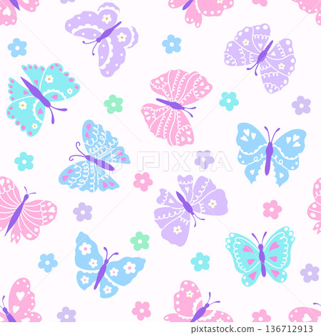 Seamless pattern with colorful whimsical butterflies and flowers. Pastel design for nursery,textiles,digital design. 136712913
