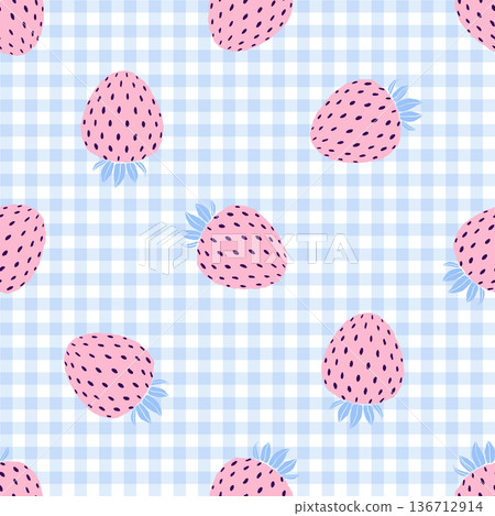 Seamless pattern with pink strawberries on a light blue and white gingham background. Seamless pattern with pink strawberries on a light blue and white gingham background. 136712914