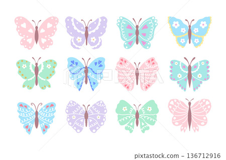Set of pastel butterflies in hand drawn style. Whimsical insect clipart for nursery and DIY design. 136712916