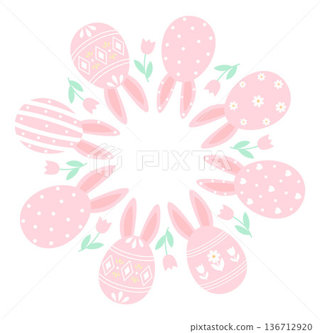 Round Easter wreath of eggs with rabbit ears and spring flowers on white background 136712920