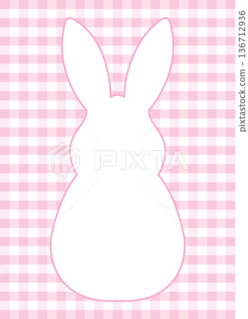 Pink gingham card template with a white bunny-shaped frame. Vertical layout for Easter cards and invitations. Pink gingham card template with a white bunny-shaped frame. Vertical layout for Easter cards and invitations. 136712936