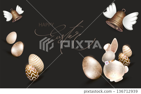 Happy Easter. Holiday card with Easter bunny and eggs Happy Easter. Holiday card with Easter bunny and eggs 136712939