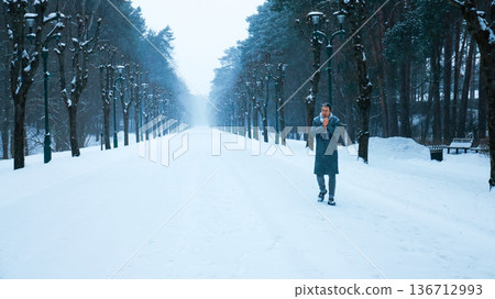 Man in a grey coat walking along a snowy forest alley, warming his hands in the cold. Atmospheric winter park scene with a long misty path lined by trees. High quality photo Man in a grey coat walking along a snowy forest alley, warming his hands in the cold. Atmospheric winter park scene with a long misty path lined by trees. High quality photo 136712993