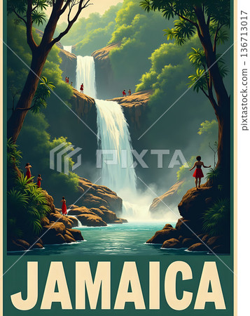 Several people stand near a large waterfall in Jamaica. The sunlight shines on the water as it flows down into a clear pool. Lush green trees are visible in the background. 136713017