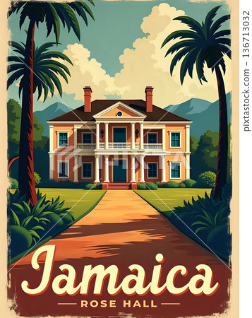 A large historic house stands at the end of a long path surrounded by green plants and tall palm trees. The mountains are visible in the background, and the sky has fluffy clouds. 136713032