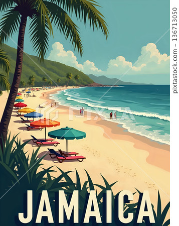 People relax on the beach in Jamaica. Colorful umbrellas and lounge chairs line the shore. Waves break gently on the sand. Lush green hills are seen in the distance under a clear sky. 136713050