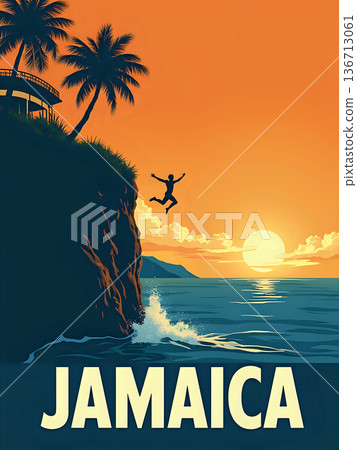 A person jumps off a cliff into the ocean at sunset in Jamaica. The scene shows a bright orange sky and waves crashing against the rocks. Palm trees are seen in the background. 136713061