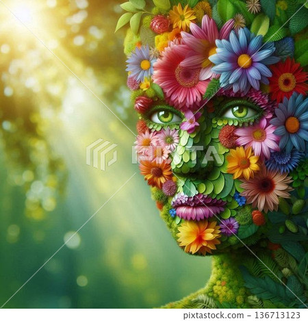 用色彩繽紛的花朵和綠葉組成的人臉。 [13] 136713123