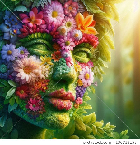 用色彩繽紛的花朵和綠葉組成的人臉。 [43] 136713153
