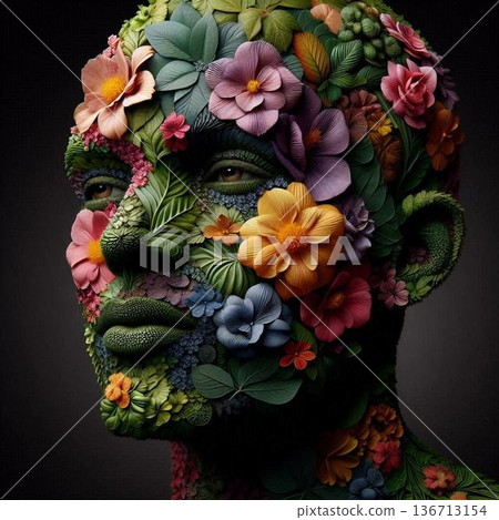 用色彩繽紛的花朵和綠葉組成的人臉。 [44] 136713154