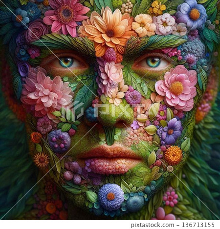 用色彩鮮豔的花朵和綠葉組成的人臉。 [45] 136713155