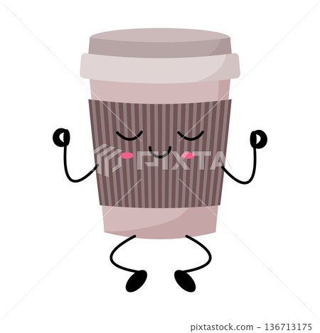 Cup of coffee mascot relaxing. Calm meditation figure holding coffee cup peacefully Cup of coffee mascot relaxing. Calm meditation figure holding coffee cup peacefully 136713175
