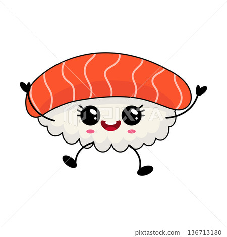 Salmon sushi mascot with bright expression and playful pose Salmon sushi mascot with bright expression and playful pose 136713180