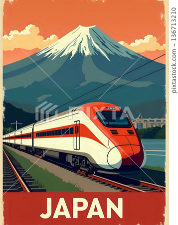 A train runs along the tracks near a large mountain in Japan. The mountain is Mount Fuji, and the sky is bright with sunset colors. The train has a white and orange design. 136713210