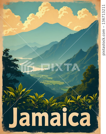 This scene presents a mountain view in Jamaica, featuring green plants in the foreground. The background shows rolling hills and clouds during daylight hours. 136713211