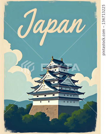 The scene shows a traditional Japanese castle standing tall among trees. Blue clouds fill the sky, and the structure features classic architecture. It is a clear day in Japan. 136713225
