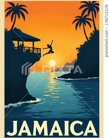 A person jumps from a cliff into the water during sunset. Palm trees frame the scene, and the sun sets over the water. A building sits on the cliff, adding to the view. 136713226