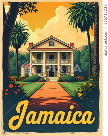 A large house stands in Jamaica, surrounded by palm trees and colorful flowers. The sun sets behind the mountains, creating a warm glow in the sky. The pathway leads to the entrance. 136713238