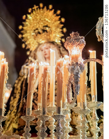 Religious Float with the Virgin Mary at Night Religious Float with the Virgin Mary at Night 136713286