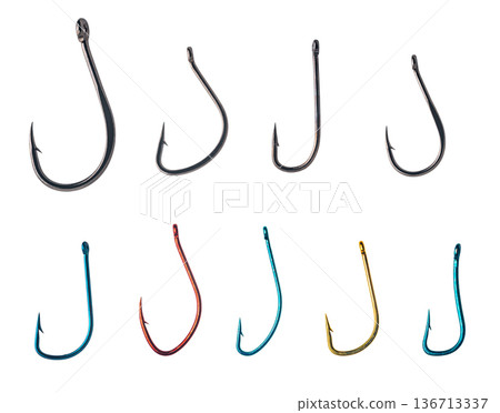 Fishing tackle, various hooks close-up Fishing tackle, various hooks close-up 136713337