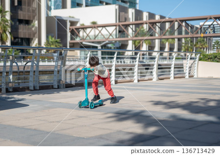 Child Enjoying Playtime On A Scooter In A Sunny Outdoor Setting 136713429
