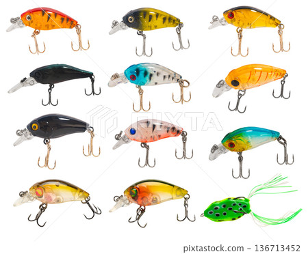 set of fishing tackle, wobblers on a white isolated set of fishing tackle, wobblers on a white isolated 136713452
