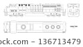 Isolated diesel cargo train. Outline drawing of locomotive. Linear blueprint. Railway delivery. Side, top and front railroad vehicle view 136713479