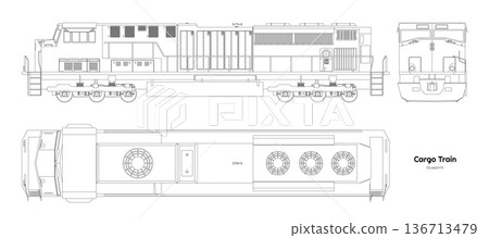 Isolated diesel cargo train. Outline drawing of locomotive. Linear blueprint. Railway delivery. Side, top and front railroad vehicle view Isolated diesel cargo train. Outline drawing of locomotive. Linear blueprint. Railway delivery. Side, top and front railroad vehicle view 136713479