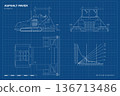 Asphalt paver outline drawing. Side, top and front views. Line industrial road machine. Urban building vehicle blueprint. Contour roadwork equipment 136713486
