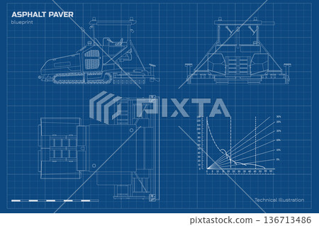 Asphalt paver outline drawing. Side, top and front views. Line industrial road machine. Urban building vehicle blueprint. Contour roadwork equipment 136713486