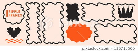 Ripple shape frames in square and rectangle styles with bold wavy line edges. Playful doodle borders and organic zigzag boxes designed for text highlights, labels, posters and modern graphic layouts Ripple shape frames in square and rectangle styles with bold wavy line edges. Playful doodle borders and organic zigzag boxes designed for text highlights, labels, posters and modern graphic layouts 136713500