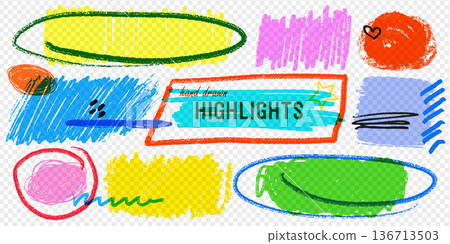 Crayon highlight strokes and scribble boxes in bright yellow, blue, green, pink on transparent background with rough pen texture. Ideal for planners and presentation slides Crayon highlight strokes and scribble boxes in bright yellow, blue, green, pink on transparent background with rough pen texture. Ideal for planners and presentation slides 136713503