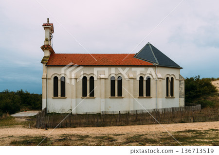Chapel of Sainte-Therese in Labenne, France, under a cloudy sky. 136713519