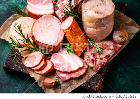 Different meat, sausages, ham and smoked pork Different meat, sausages, ham and smoked pork 136713612