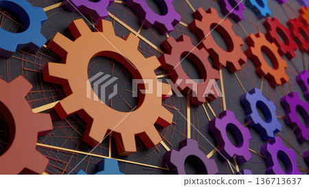 Colorful Interconnected Gears Form a Complex Machinery Network and Tech System 136713637