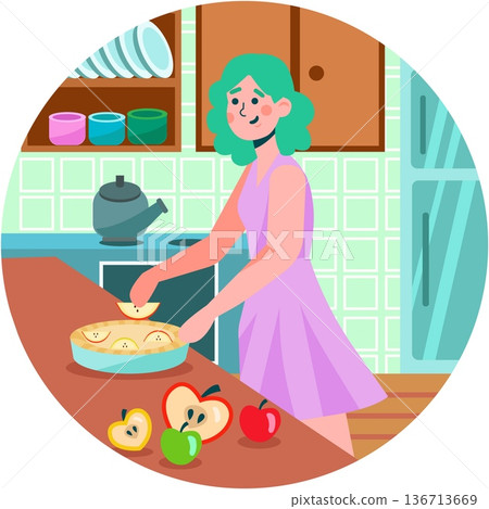 Housewife cooking apple pie vector flat cartoon 136713669